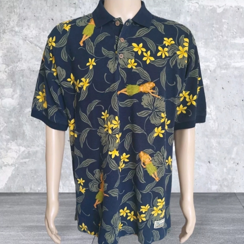 Vintage Tommy Bahama Hawaiian Polo Shirt Men Medium Black Floral Tropical Aloha